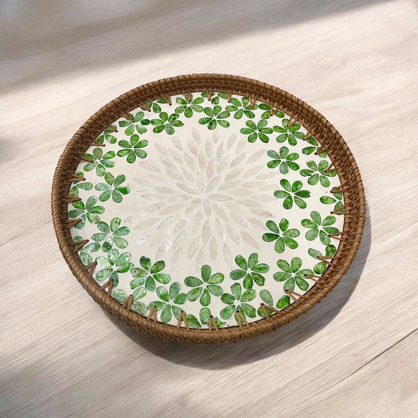 Green flower Hand-woven Rattan & Capiz Shell Serving Tray