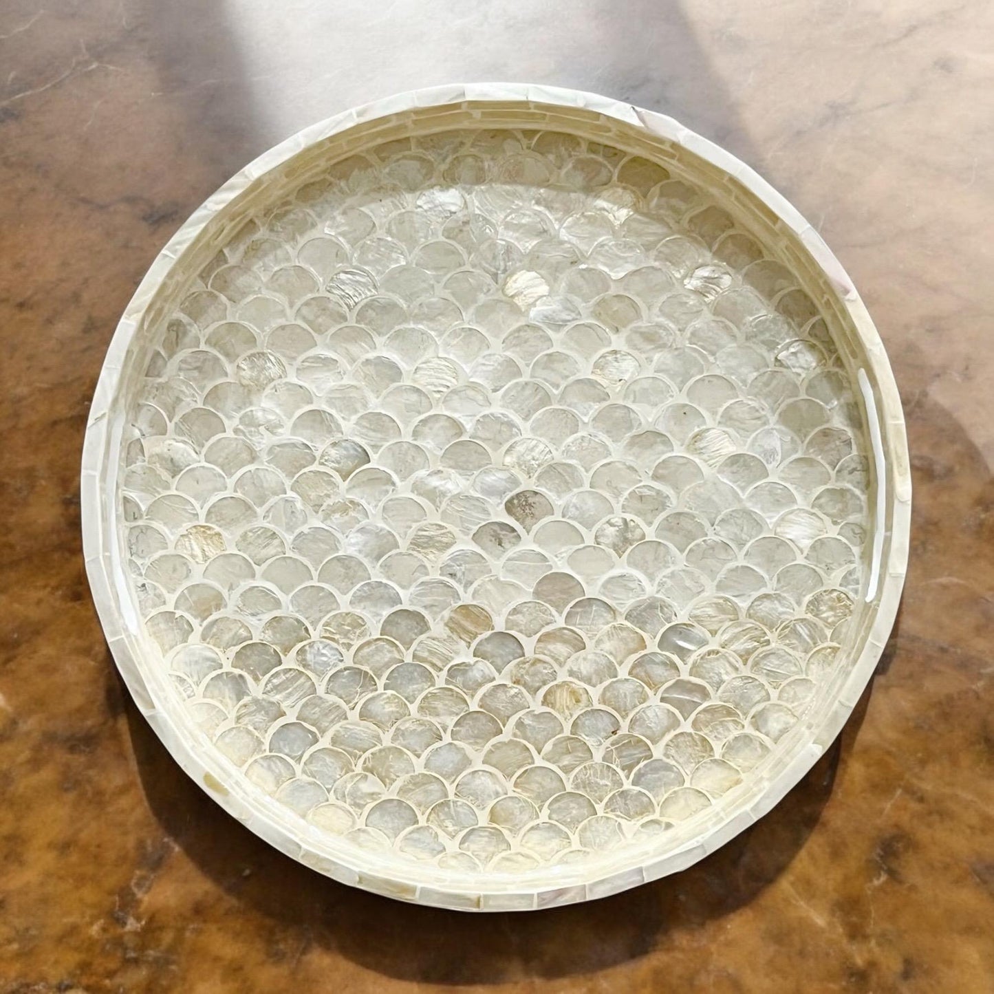 Round Ivory Capiz Shell & Mother of Pearl Scallop Inlay Tray
