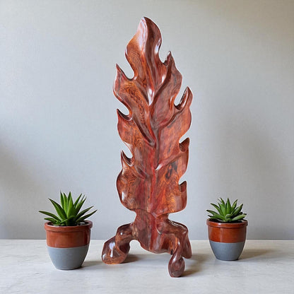 Hand-Carved Rosewood Oak Leaf Sculpture: Natural Wood Decor 31 in Tall