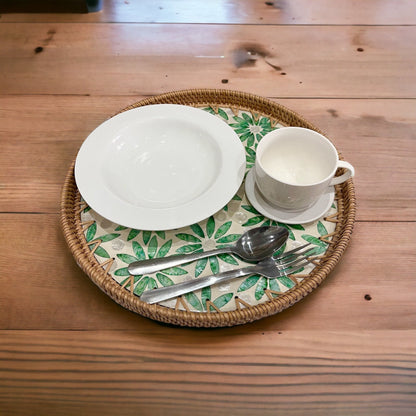 Round Rattan Tray with Green Floral Capiz Shell Inlay