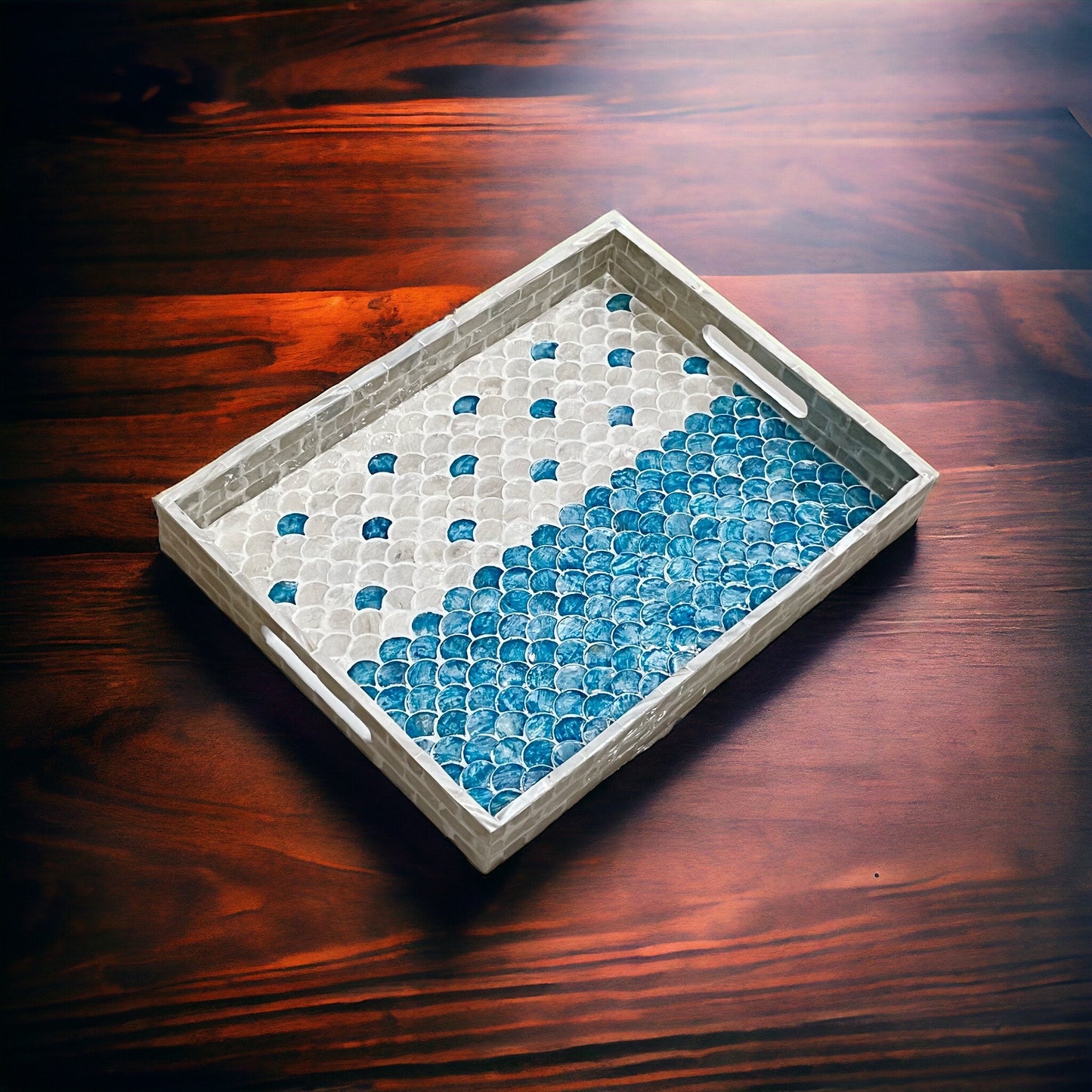 Rectangular Blue & White Mother of Pearl Scallop Inlay Tray