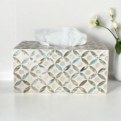 Rectangular Mother of Pearl & Capiz Tissue Box Cover – Ivory Geometric Floral Design