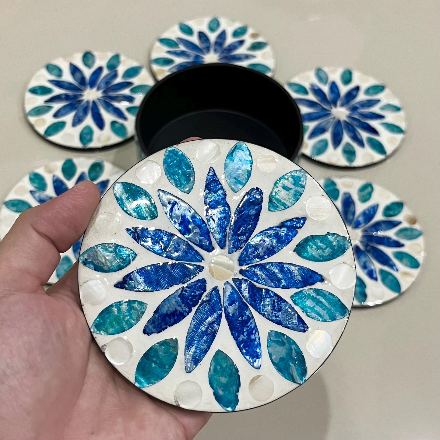 Blue Mother of Pearl Coaster Set with Holder – Handmade Shell Drink Coasters