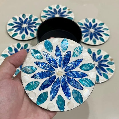 Blue Mother of Pearl Coaster Set with Holder – Handmade Shell Drink Coasters