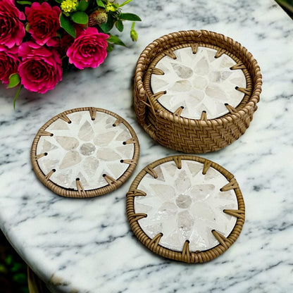 Round Ivory Capiz Shell & Rattan Coaster Set with Handwoven Holder
