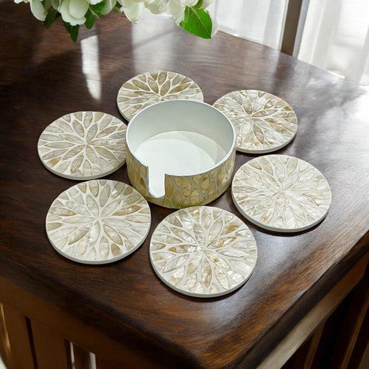 Capiz Shell Coaster Set with Holder – Handmade Beige Leaf Pattern Drink Coasters