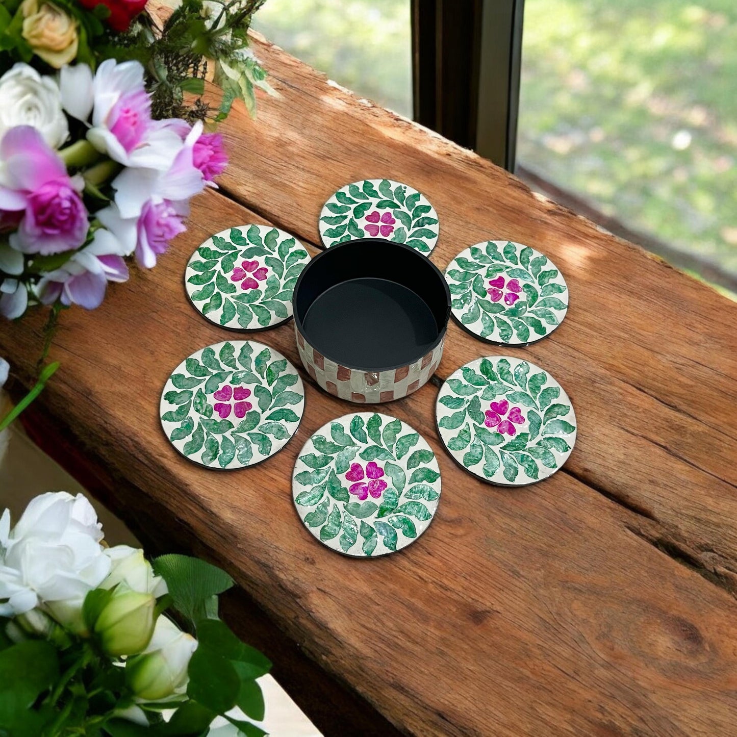 Floral Capiz Shell Coaster Set with Holder – Handmade Decorative Drink Coasters