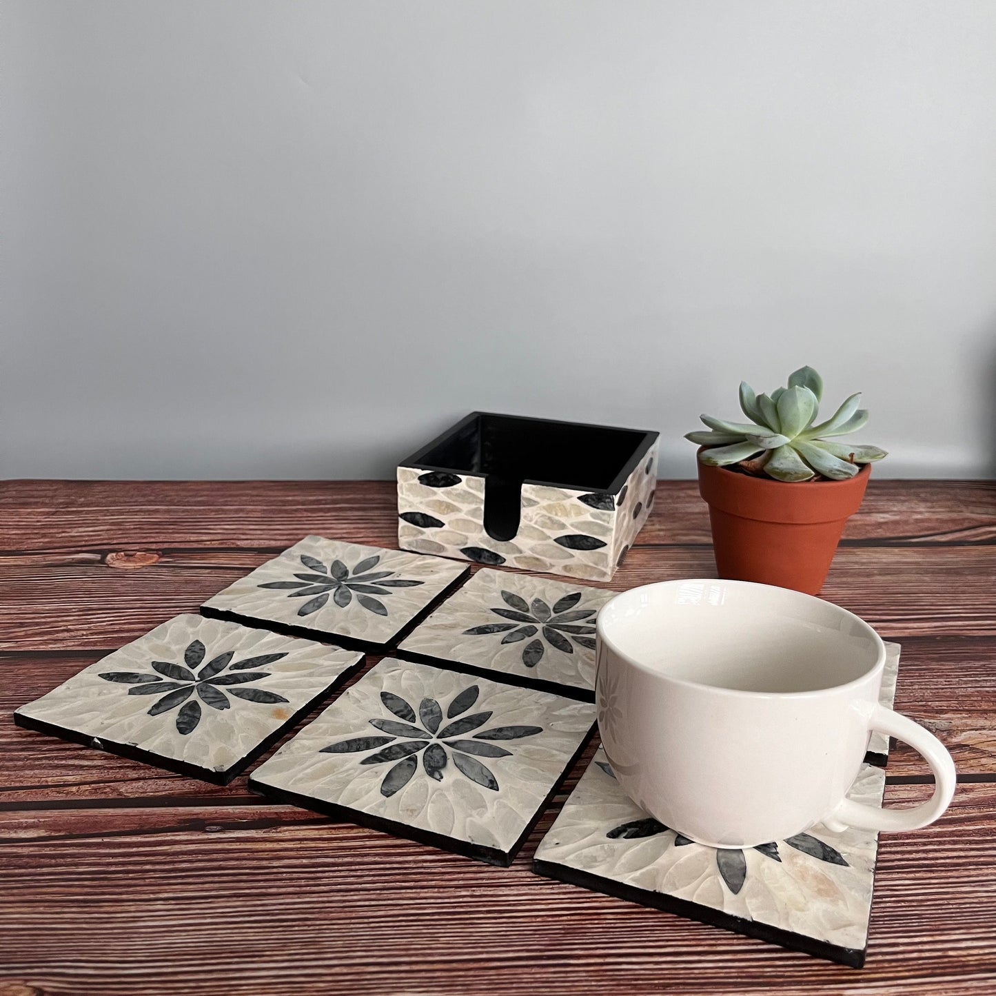 Black Floral Capiz Shell Coaster Set with Holder – Handmade Square Coasters