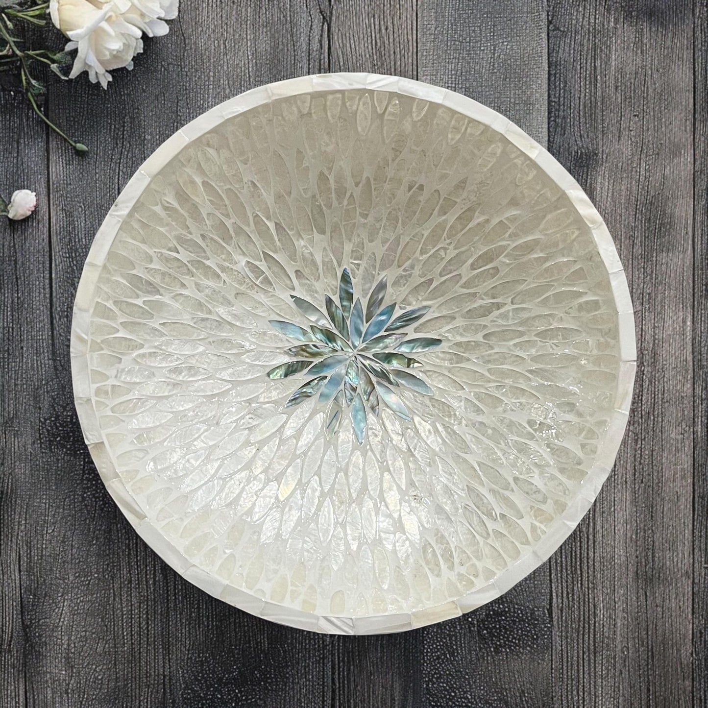 Capiz Shell Inlay Bowl: Handmade Mother of Pearl Centerpiece 14 in 36 cm
