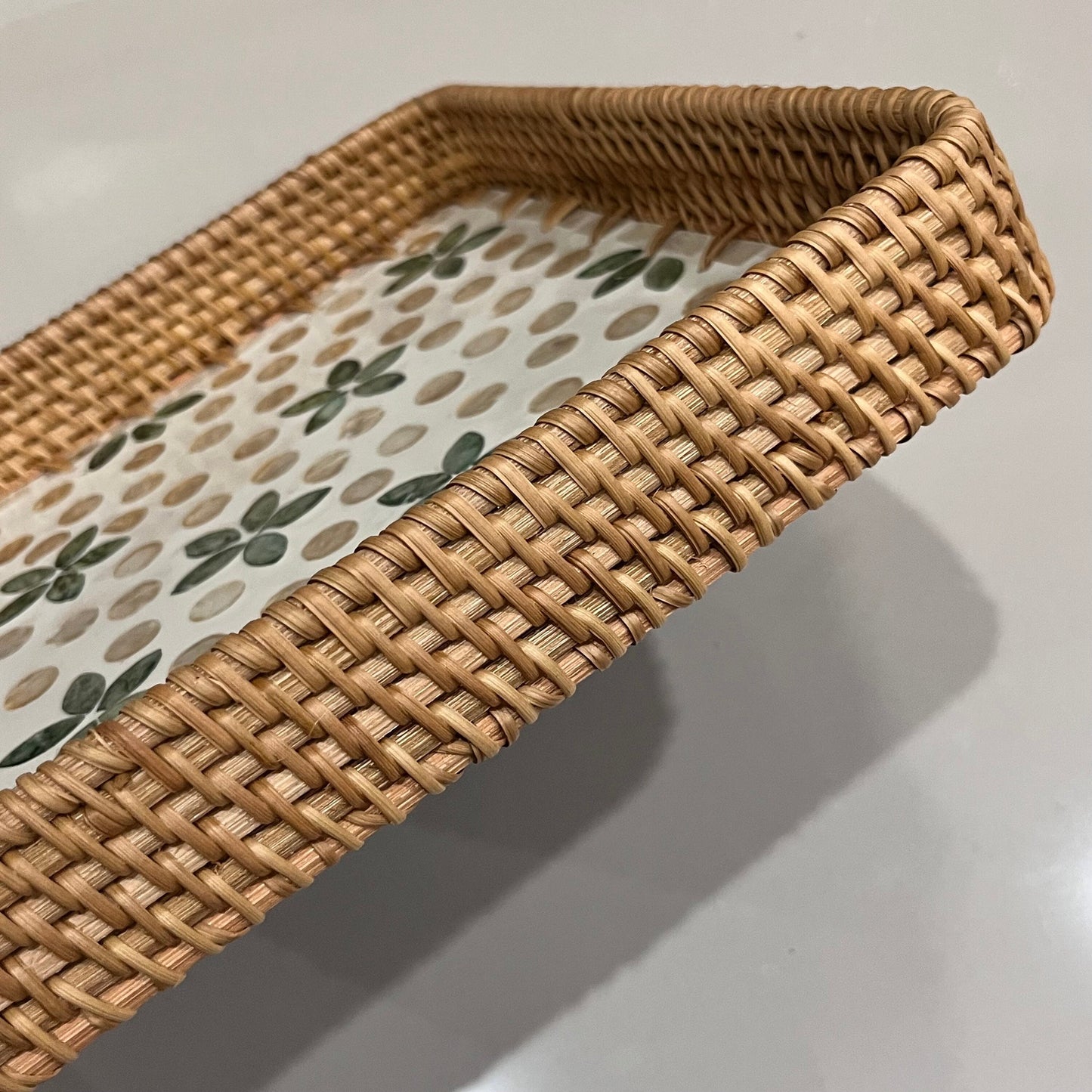 Square Capiz Shell Rattan Tray with Floral Dot Mosaic
