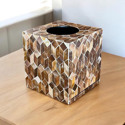 Mother of Pearl Inlay Tissue Box Cover: Brown Cube Mosaic
