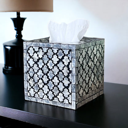 Black & Ivory Capiz Shell Tissue Box Cover – Square Moroccan Pattern MDF Holder