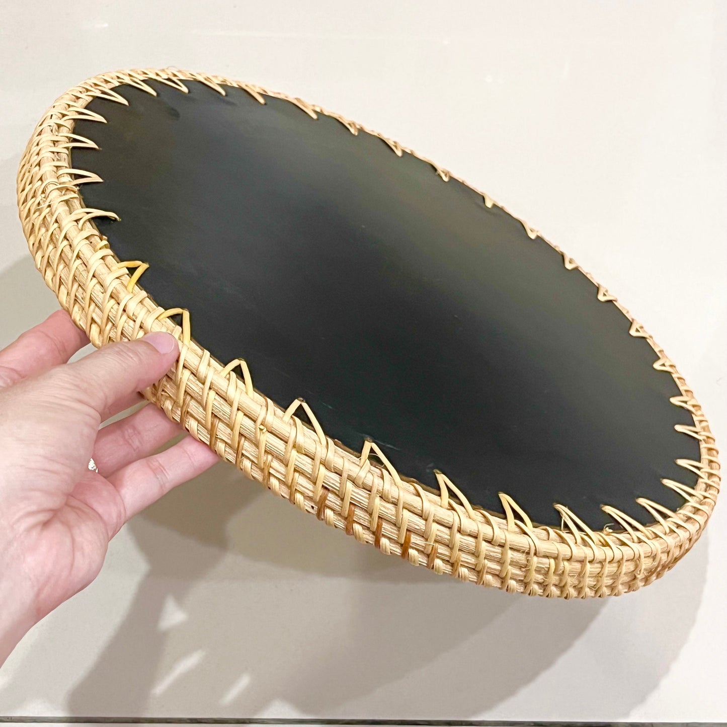 Aqua flower Hand-woven Rattan & Mother Pearl Inlay Serving Tray