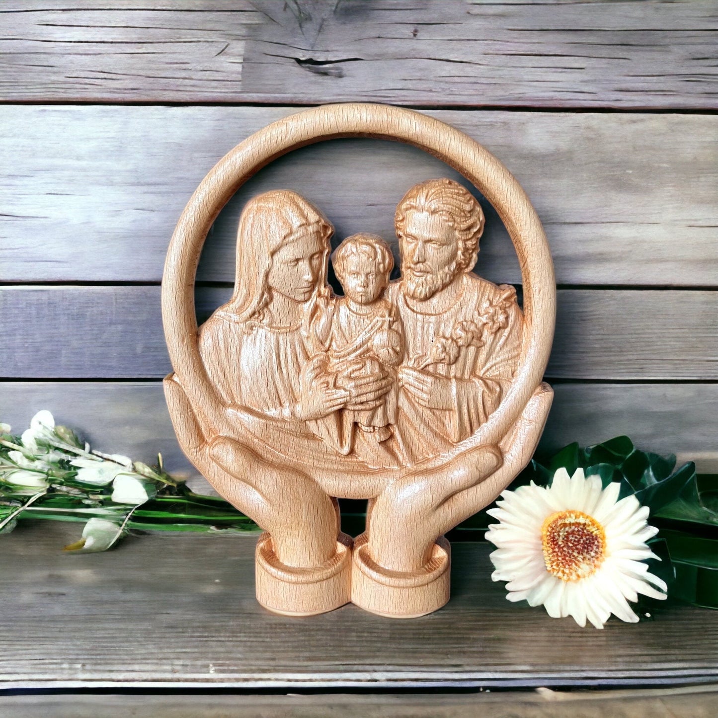 Handcrafted Beech Wood Holy Family Statue