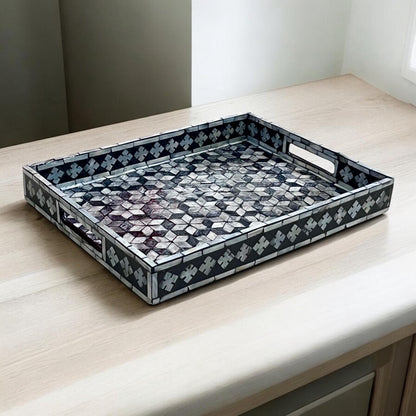 Rectangular Black & White Shell Inlay Tray with Snowflake Pattern