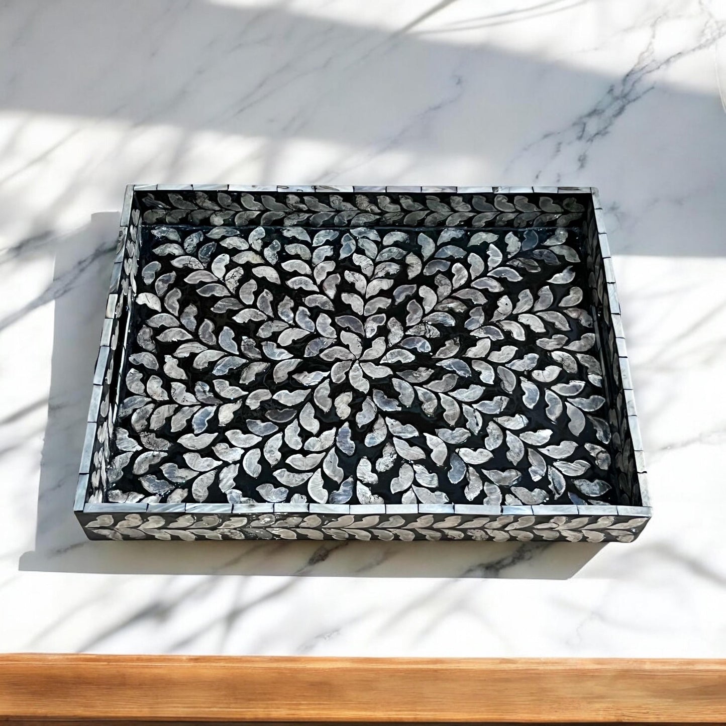 Black Mother of Pearl & Capiz Shell Leaf Inlay Tray