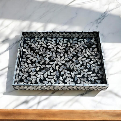 Black Mother of Pearl & Capiz Shell Leaf Inlay Tray