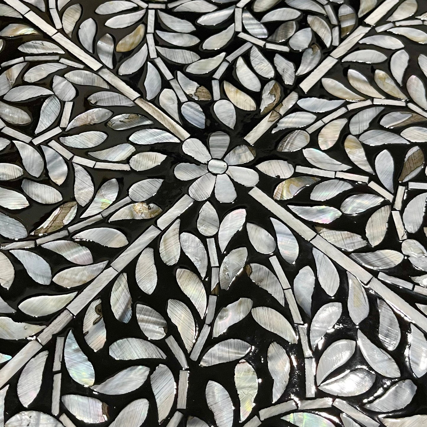 Mother of Pearl Lazy Susan Turntable, Black Leaf Inlay Rotating Tray