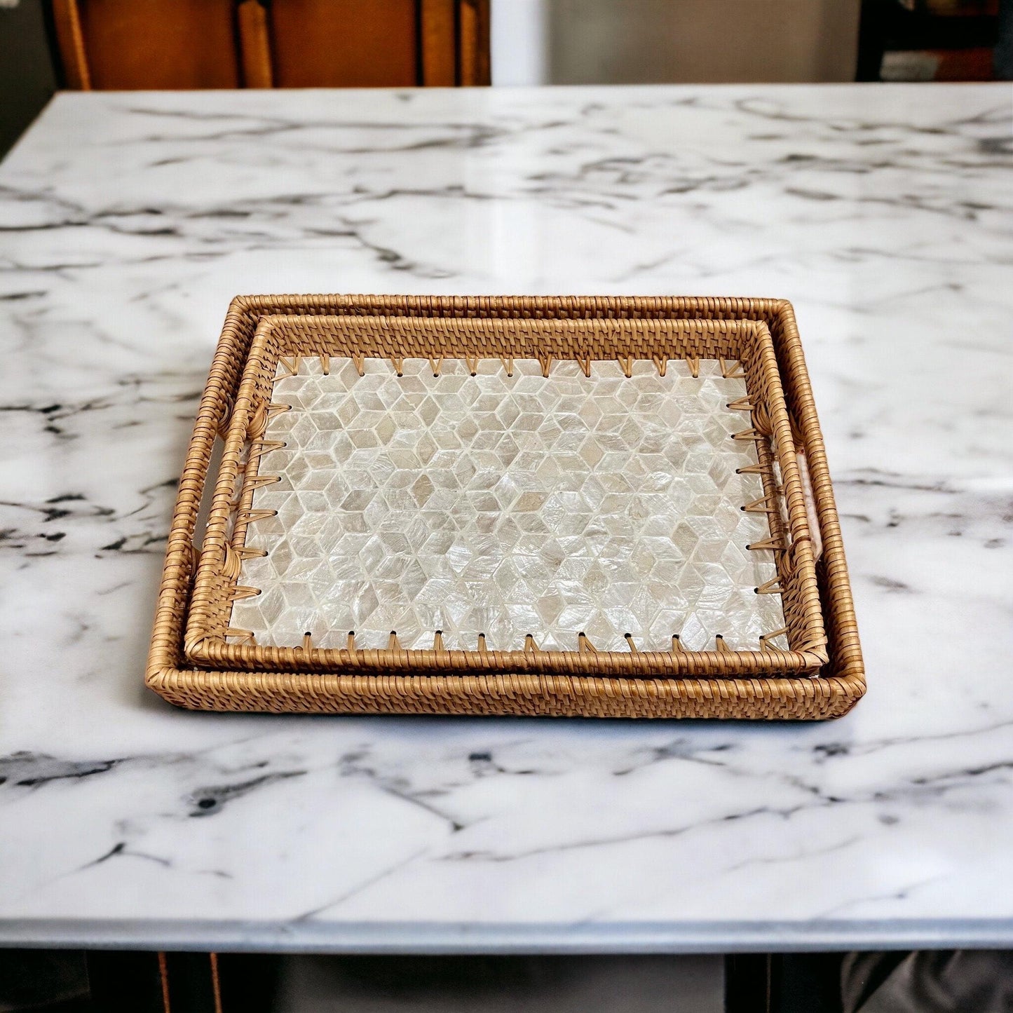 Ivory Rectangle Hand-woven Rattan Decorative Tray