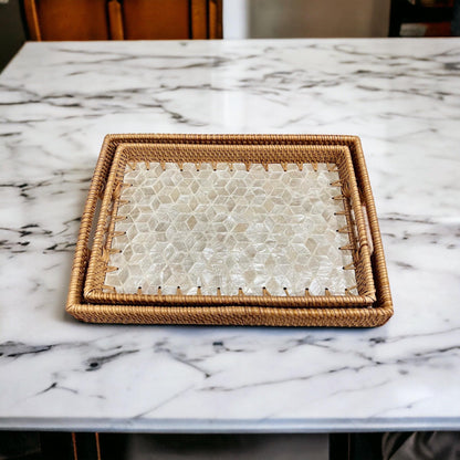 Ivory Rectangle Hand-woven Rattan Decorative Tray
