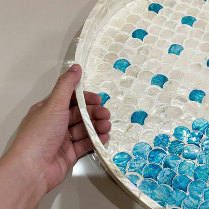 Round Mother of Pearl & Capiz Shell Scallop Inlay Tray in Blue & Ivory