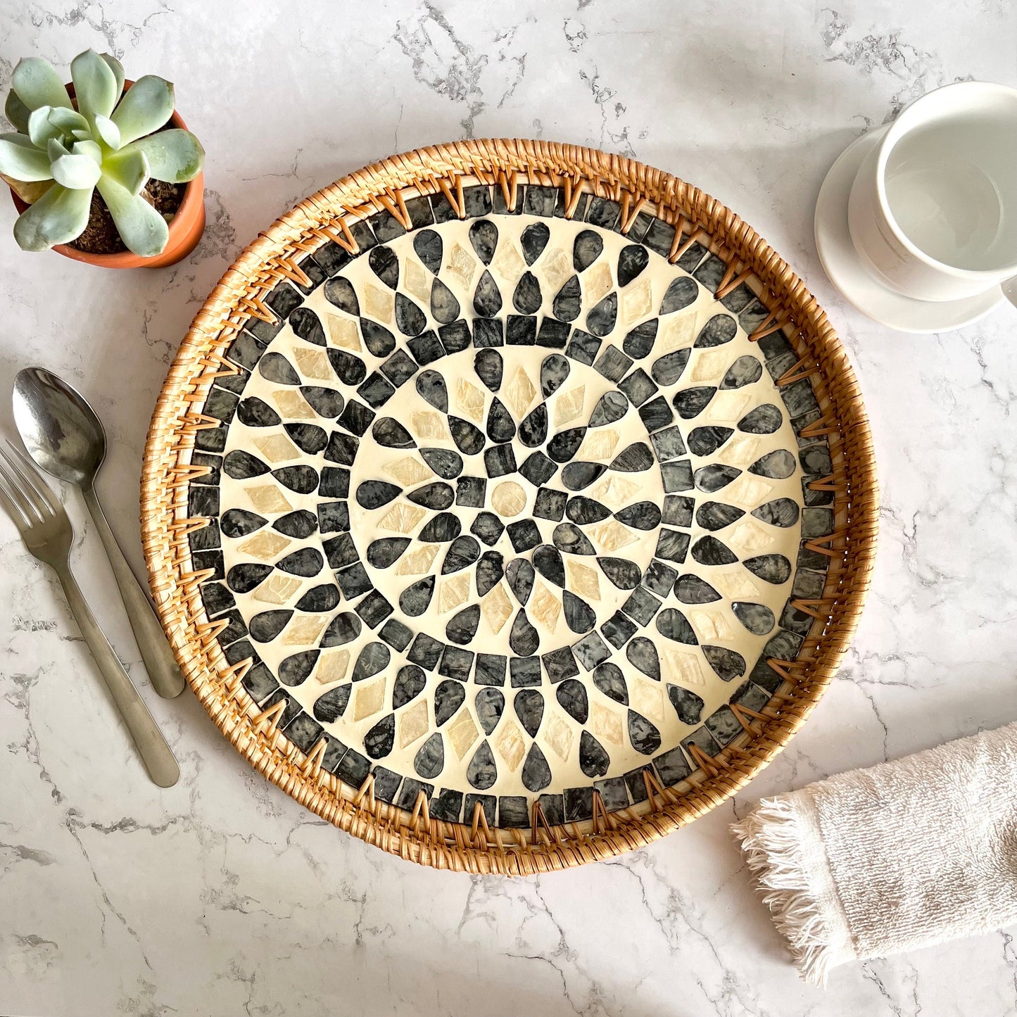 Round Rattan Tray with Black & Ivory Capiz Shell Inlay