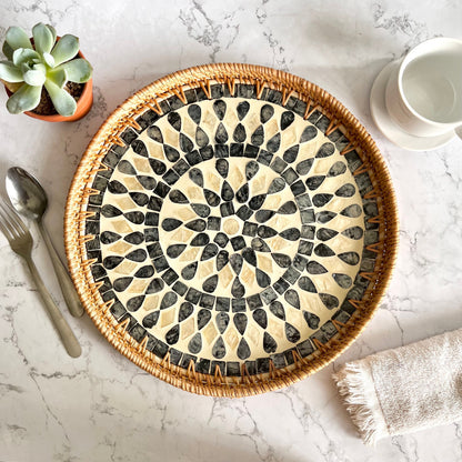Round Rattan Tray with Black & Ivory Capiz Shell Inlay