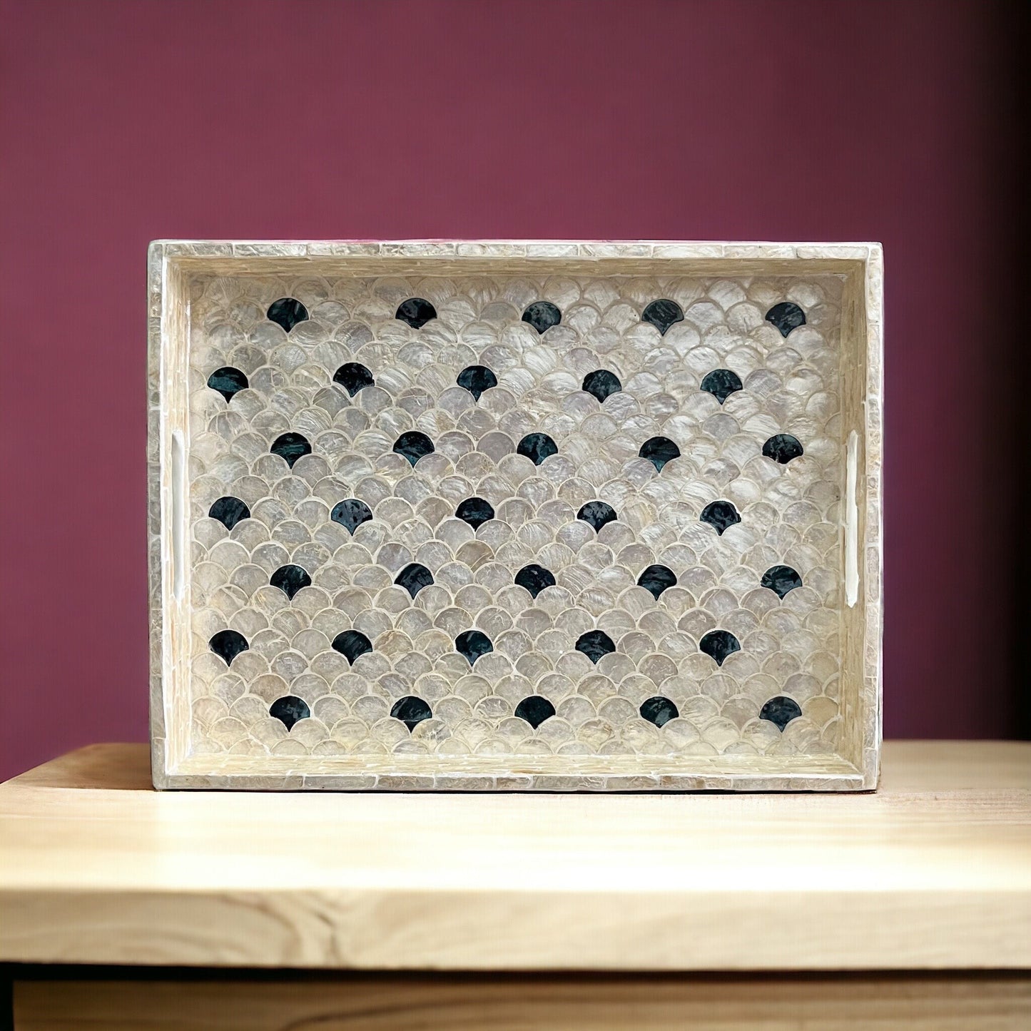 Rectangular Ivory & Black Capiz Shell Scallop Inlay Tray