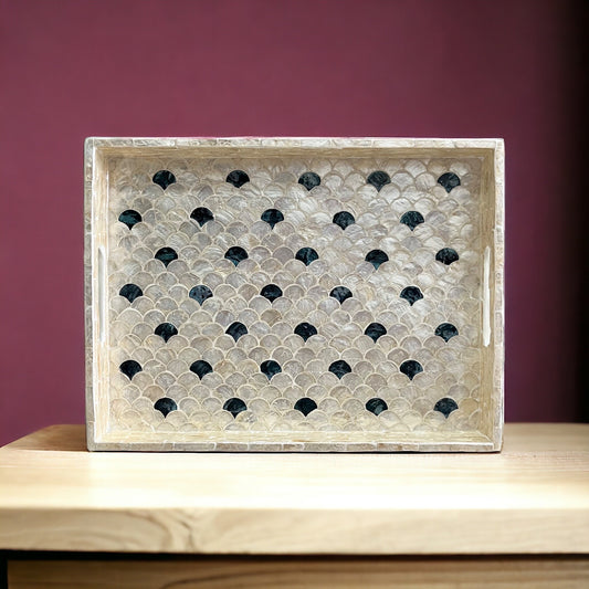 Rectangular Ivory & Black Capiz Shell Scallop Inlay Tray