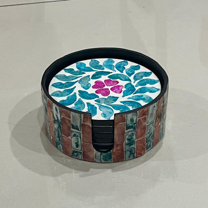 Capiz Shell Coasters Set: Blue Leaves, Pink Flowers, Round Coasters with Holder