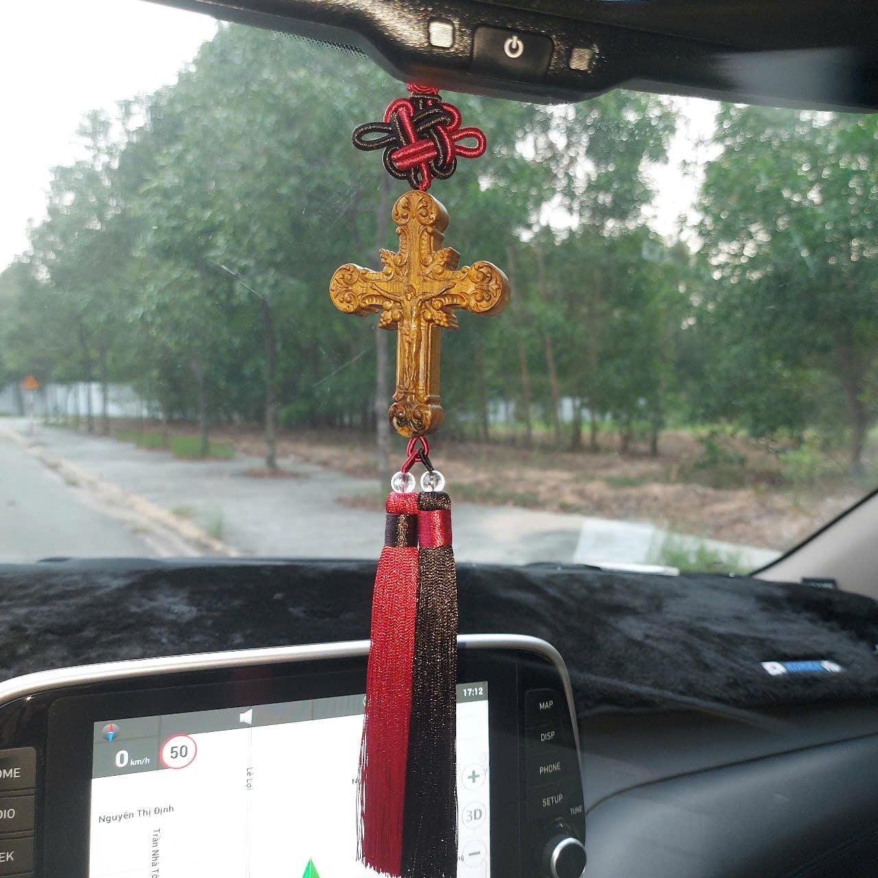 Handmade Wooden Cross Car Charm: Catholic Rearview Mirror Ornament