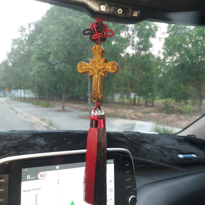 Handmade Wooden Cross Car Charm: Catholic Rearview Mirror Ornament