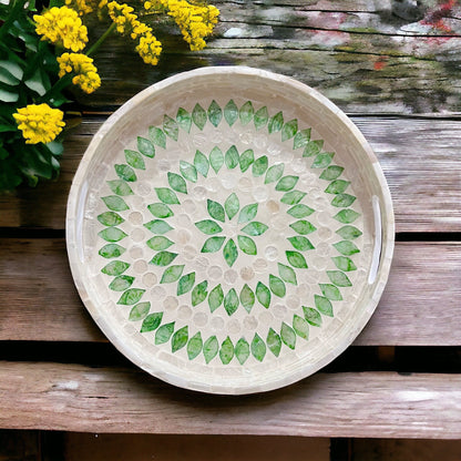 Round Green Leaf Mother of Pearl & Capiz Shell Inlay Tray