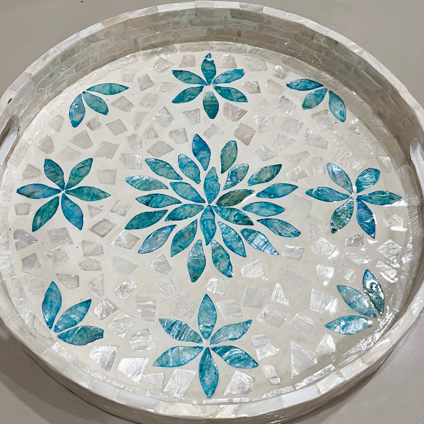 Round Mother of Pearl & Capiz Shell Floral Inlay Tray with Blue Accents