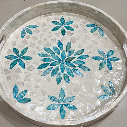 Round Mother of Pearl & Capiz Shell Floral Inlay Tray with Blue Accents