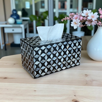 Rectangular Black Geometric Mother of Pearl Tissue Box Cover