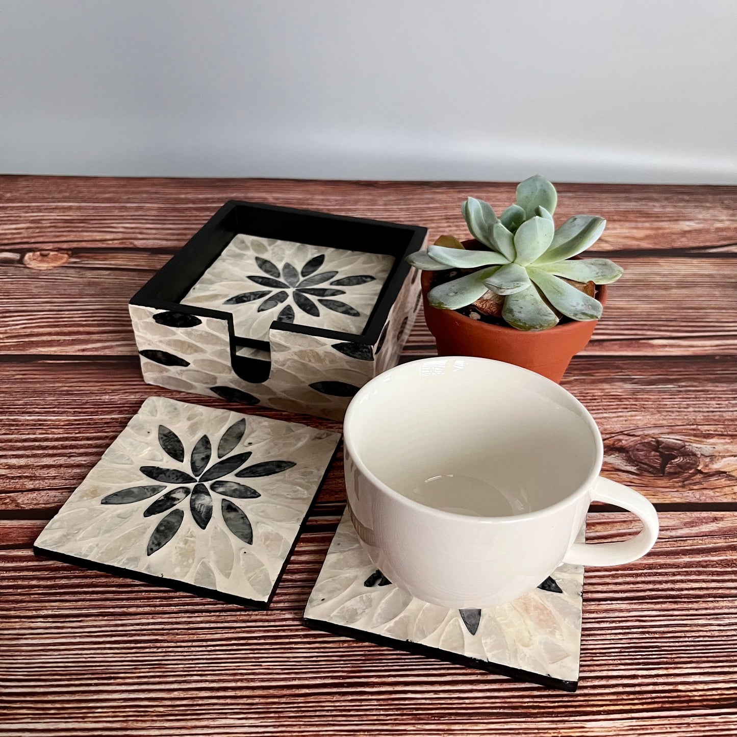 Black Floral Capiz Shell Coaster Set with Holder – Handmade Square Coasters