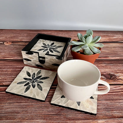 Black Floral Capiz Shell Coaster Set with Holder – Handmade Square Coasters