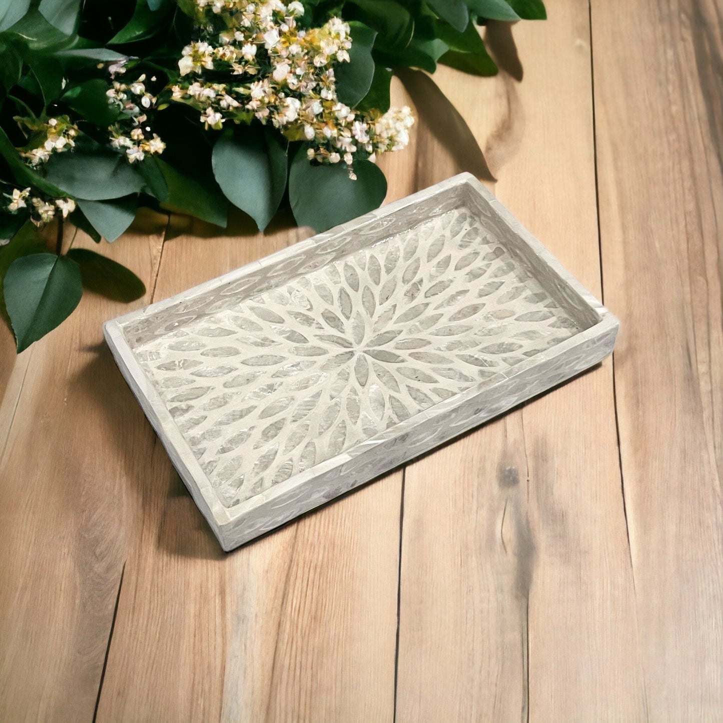 Handmade Mother of Pearl & Capiz Shell Rectangular Tray – Decorative Organizer