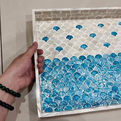 Rectangular Blue & White Mother of Pearl Scallop Inlay Tray