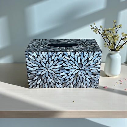 Rectangular Black Floral Mother of Pearl Tissue Box Cover