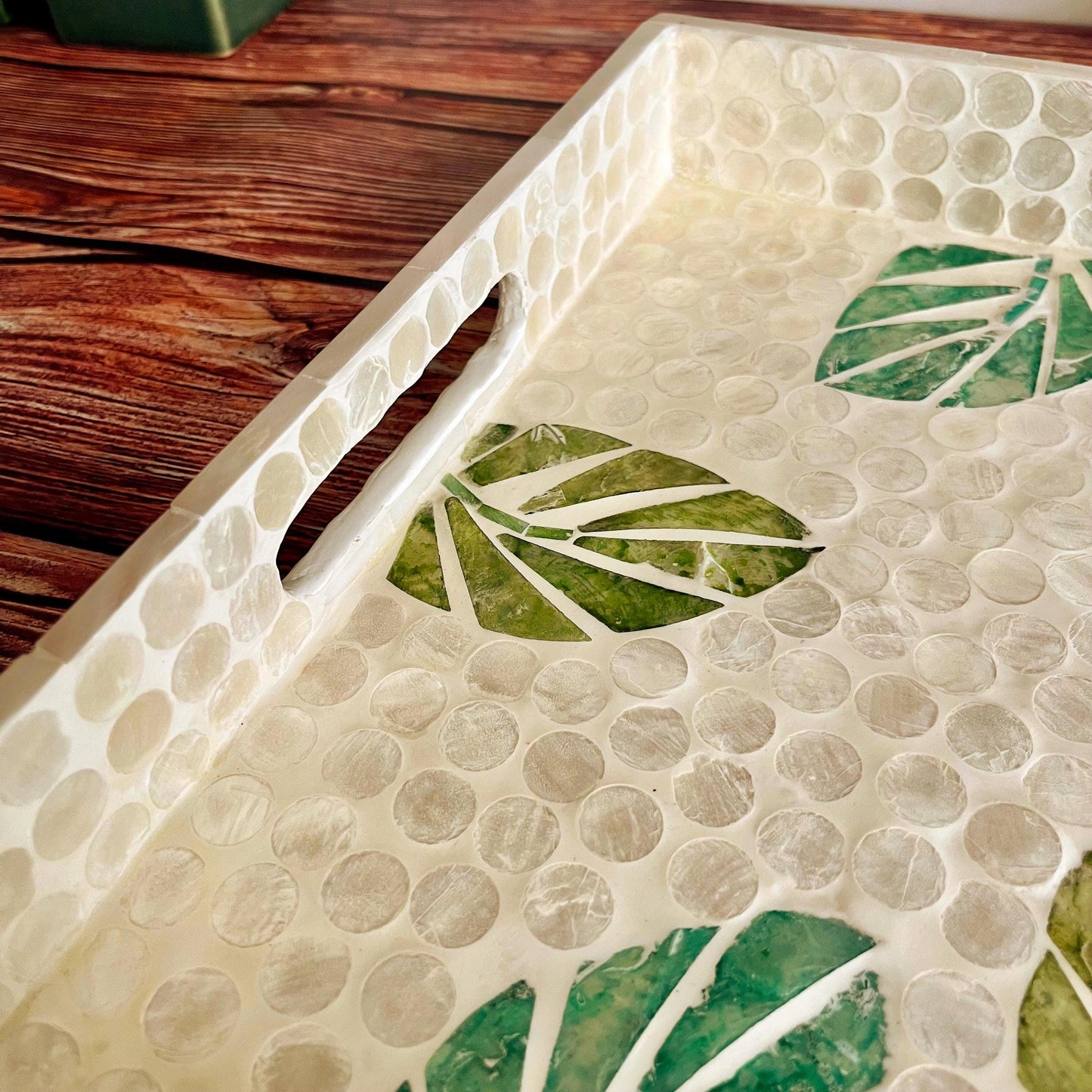 Green Leaf Capiz Shell Rectangular Tray with Handles
