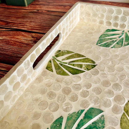 Green Leaf Capiz Shell Rectangular Tray with Handles