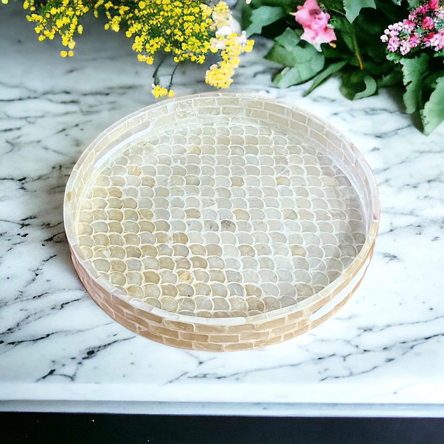 Round Ivory Capiz Shell & Mother of Pearl Scallop Inlay Tray