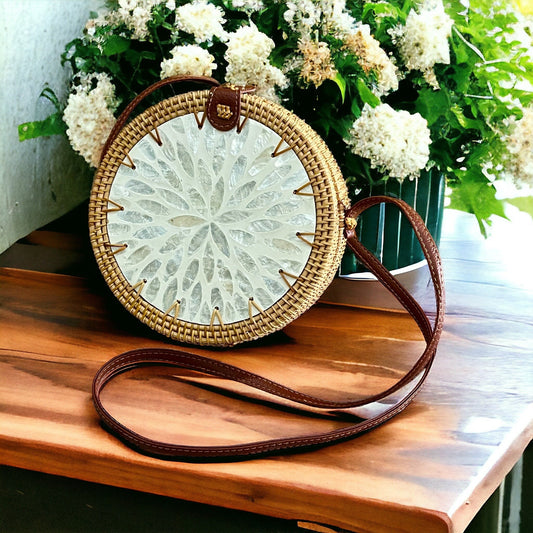 Lovely White Ivory Round Rattan Crossbody Bag