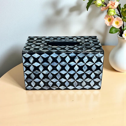 Rectangular Black Geometric Mother of Pearl Tissue Box Cover