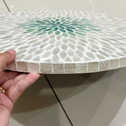 Capiz Shell Lazy Susan: White & Green leaf floral pattern