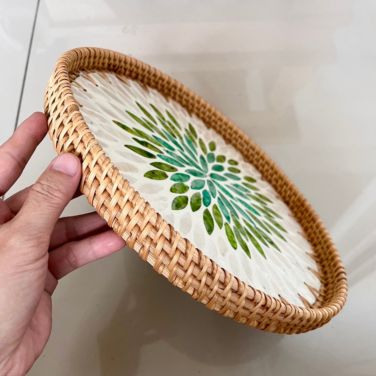 Round Rattan Tray with Green Capiz Shell Leaf Mosaic