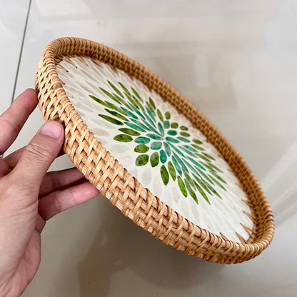 Round Rattan Tray with Green Capiz Shell Leaf Mosaic