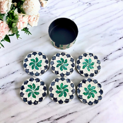 Green Floral Capiz Shell Coaster Set with Holder